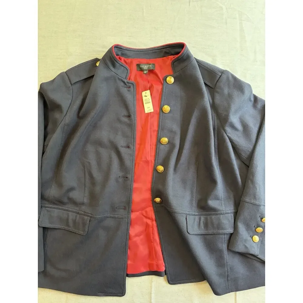 New Talbots Jacket Women's Navy With Gold Button Twill Military Blazer‎ Blue 22W